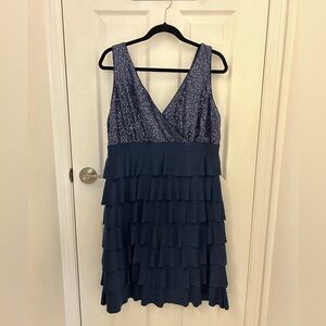 Navy Blue, Tiered Ruffled Dress with Sequin Top, Sz 16